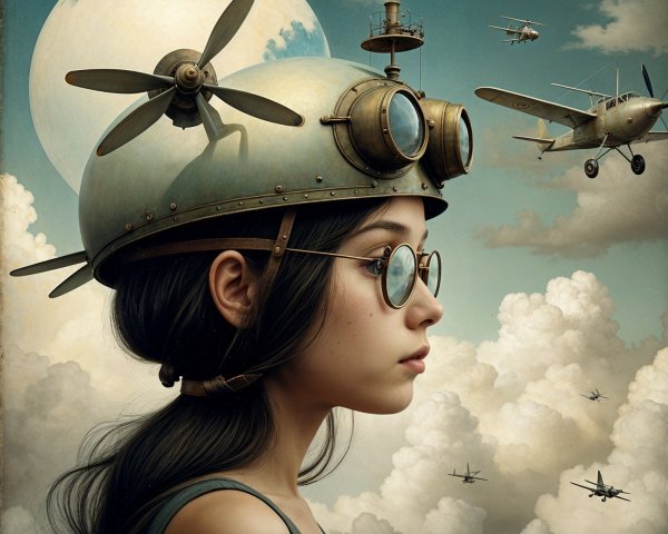 Young girl in aviator helmet against surreal sky