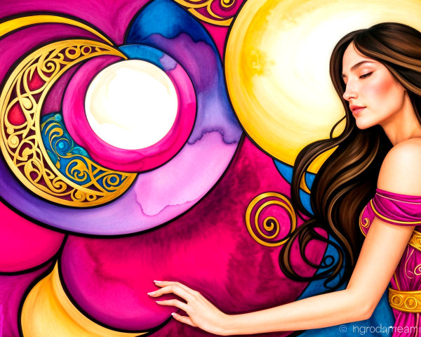 Serene Woman Amidst Vibrant Abstract Background