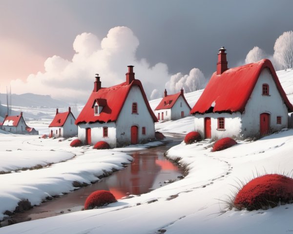 Serene winter landscape with cottages and snow features