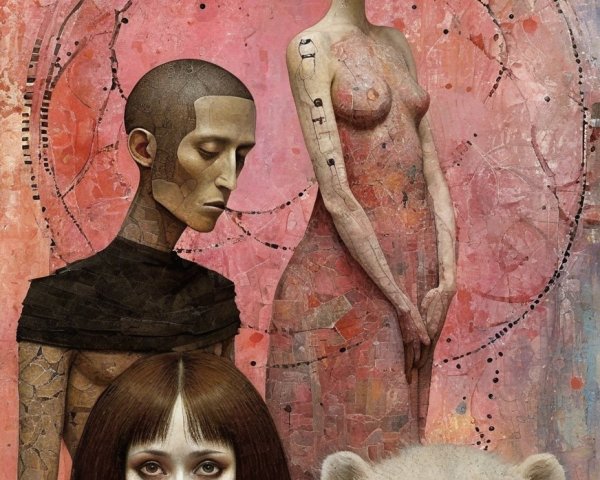 Three Abstract Figures with Colorful Background and Bear