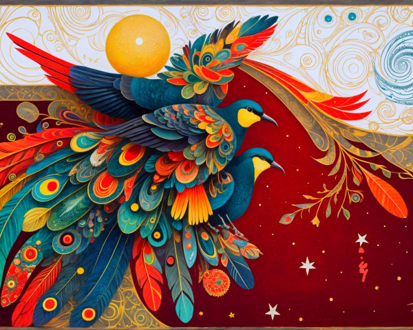 Vibrant Birds Against Deep Red Background with Motifs