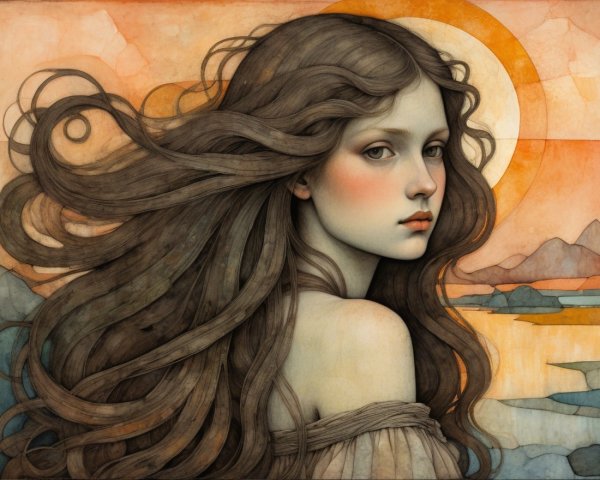Young Woman in Tranquil Landscape with Warm Colors