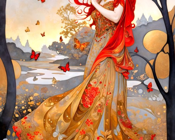 Serene Woman in Golden Gown in Enchanted Landscape