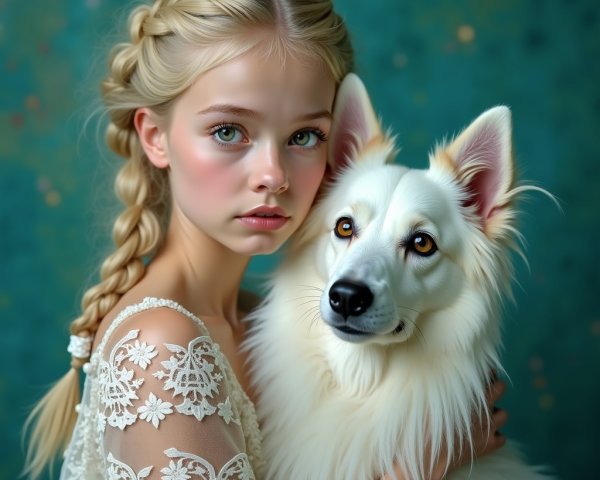 Young girl with braided hair holding a white dog