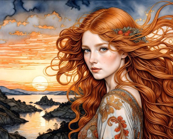 Young woman with red hair against a sunset landscape