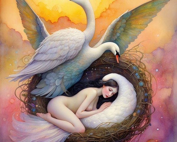 Serene Woman Nestled with Swans in Dreamlike Scene