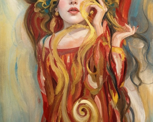 Woman with Flowing Hair and Floral Adornments