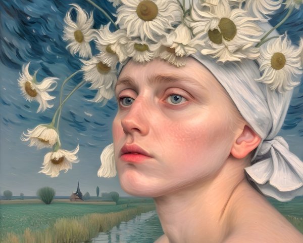Young woman in a daisy crown in serene landscape