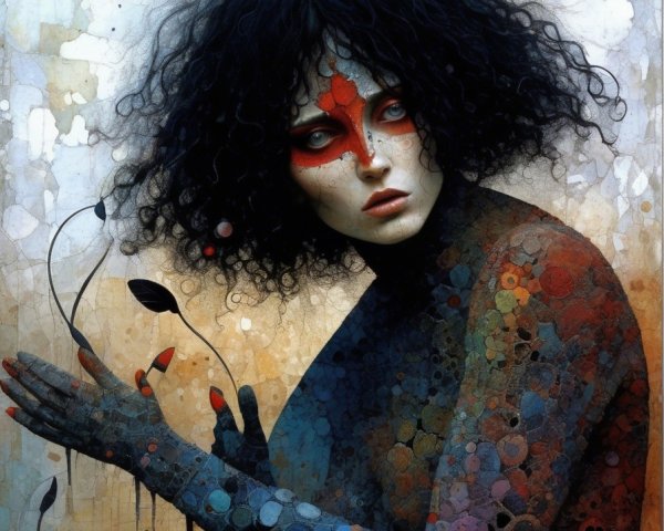 Figure with Colorful Patterns and Nature Elements