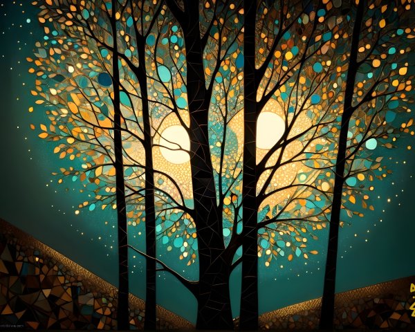 Stylized tree with vibrant leaves and glowing suns