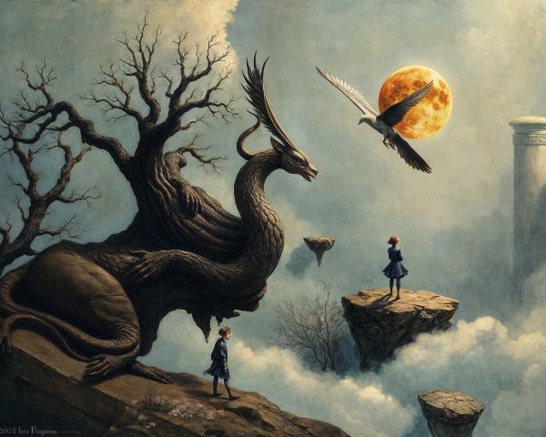 Surreal Landscape with Dragon and Golden Moon