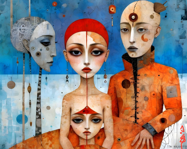 Three Stylized Figures on Dreamy Blue Background