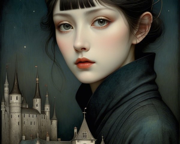 Young woman in vintage aviator cap near whimsical castle