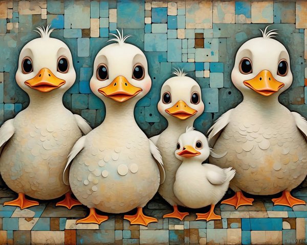 Five Baby Ducklings on Mosaic-Tiled Background
