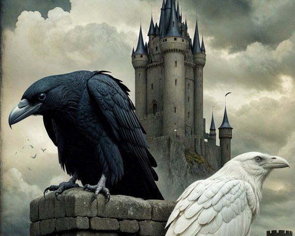 Raven and Eagle Overlooking Medieval Castle Landscape