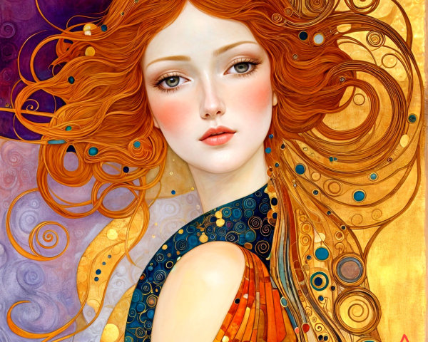 Woman with Red Hair in Vibrant Garment and Swirling Background