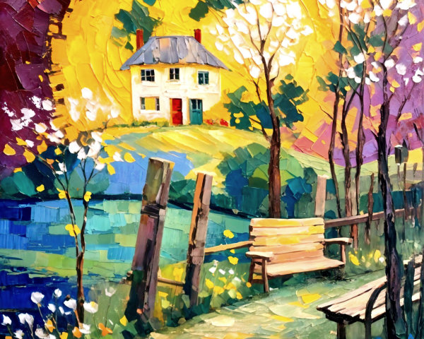 Vibrant landscape with a yellow house and sunlit scenery