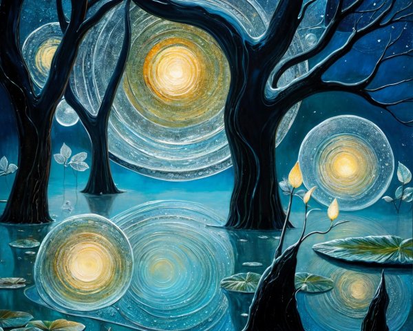 Mystical Night Scene with Trees and Glowing Orbs