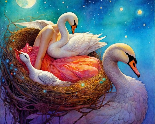 Surreal Scene of Woman with Swan's Head in Nest