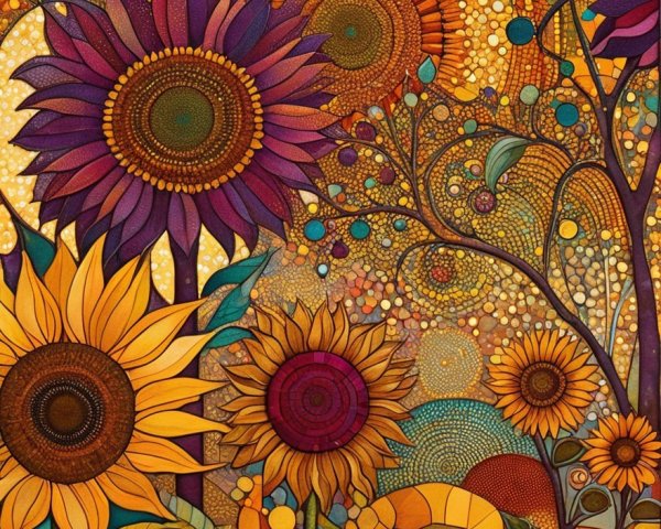 Vibrant Landscape with Stylized Sunflowers and Patterns