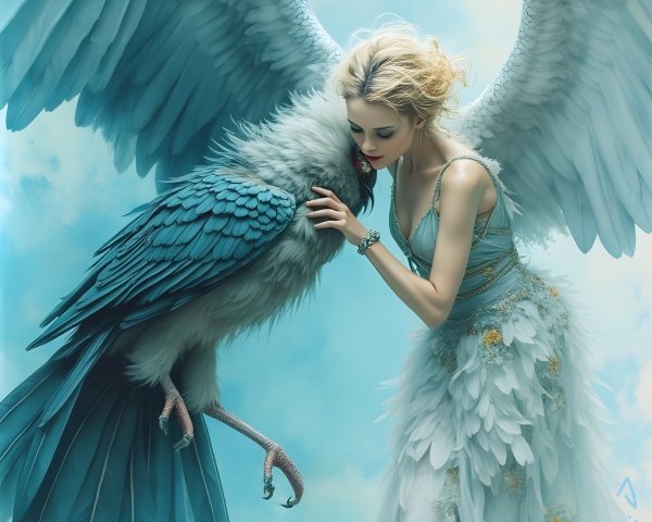Ethereal Woman in Flowing Gown with Vibrant Bird
