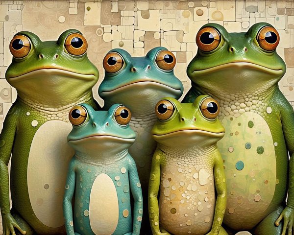 Group of Five Cartoon Frogs in Various Sizes and Colors