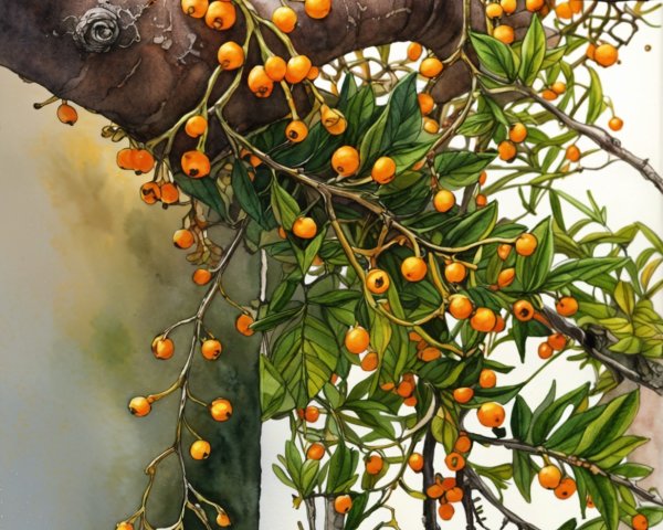 Watercolor Artwork of Tree Branch with Orange Berries