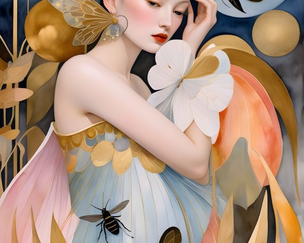 Serene Figure Surrounded by Butterflies and Flowers