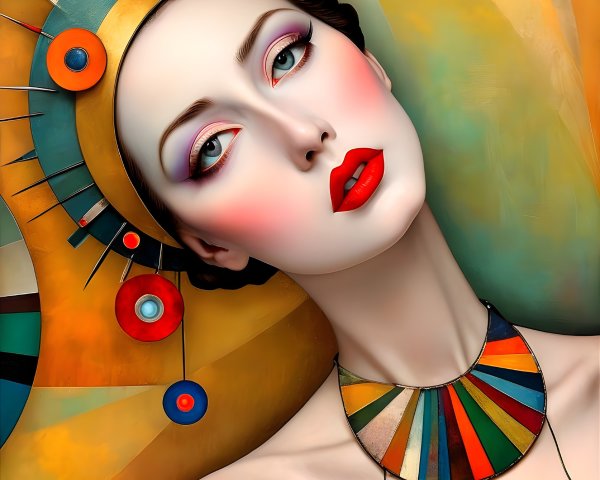 Elegant Figure with Geometric Headdress and Bold Colors