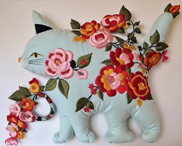 Whimsical Cat-Shaped Pillow with Floral Embroidery