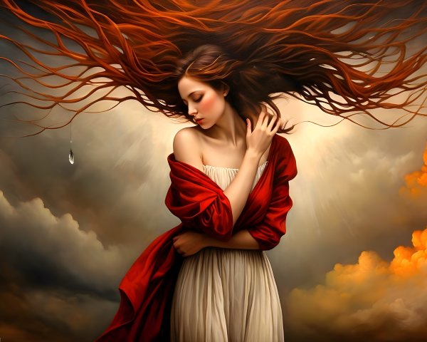 Young woman with red hair in flowing white dress