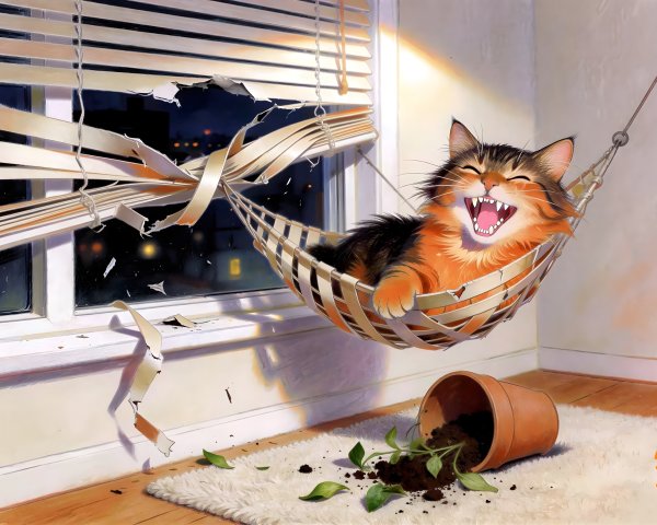 Vibrant digital painting of a playful cat in a hammock