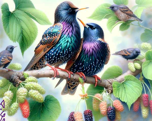 Vibrant Starlings on a Leafy Branch with Mulberries