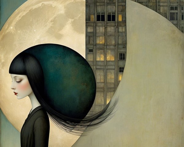 Whimsical Girl in Black Hat Against Moonlit Cityscape