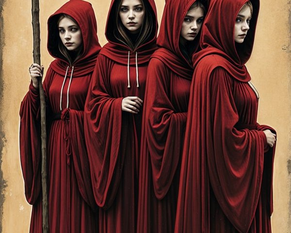 Four Hooded Figures in Red Robes with Staff