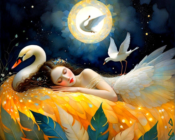 Serene Woman on Swan in Dreamlike Night Scene