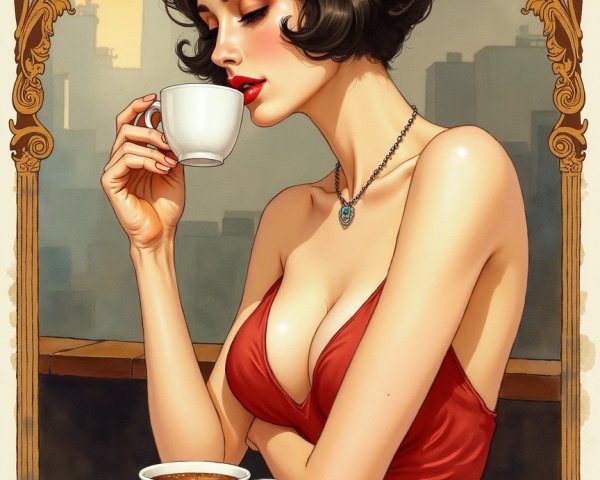 Elegant Woman in Red Dress with City Skyline Backdrop