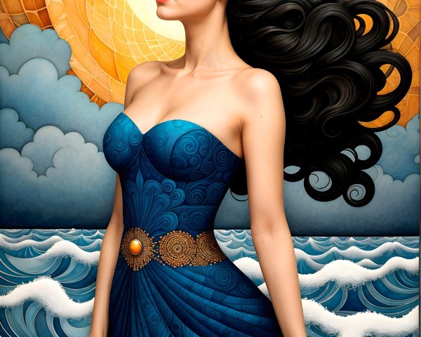 Serene Woman in Blue Dress Against Golden Sun Background