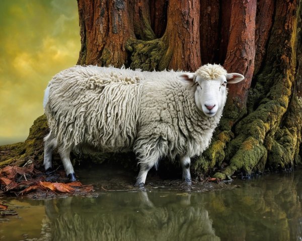 Fluffy Sheep by Textured Tree Trunk and Calm Water