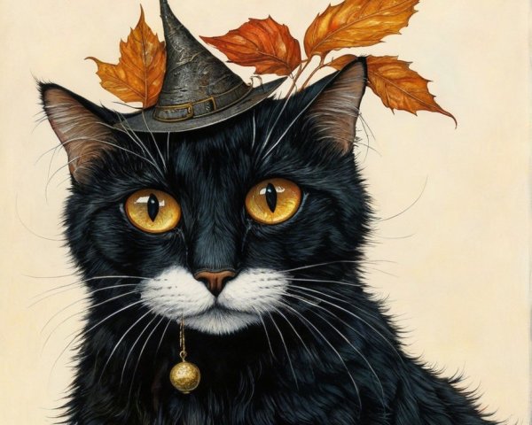 Black Cat in Witch Hat with Autumn Leaves Details