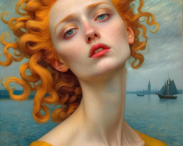 Young Woman with Orange Hair by Waterway in Dress