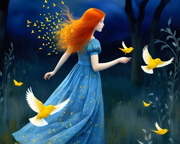Young girl in blue dress surrounded by yellow birds