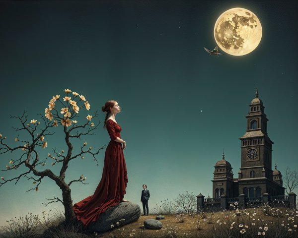 Surreal Scene of a Woman in Red Under a Moonlit Sky