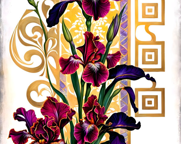Vibrant Still Life of Purple Irises in Decorative Pot