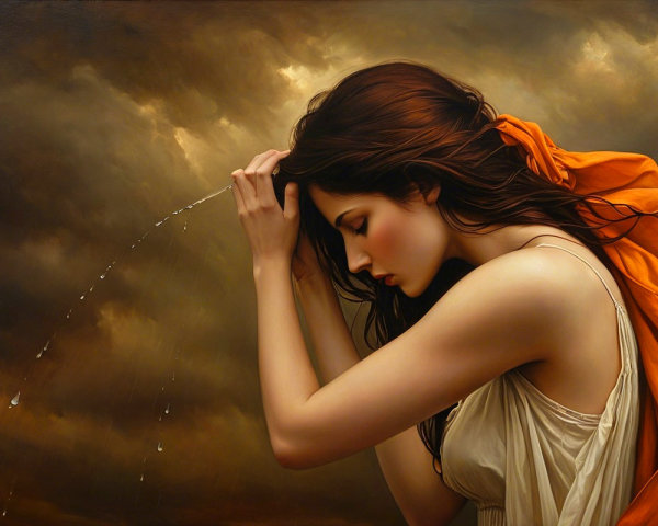 Serene Young Woman in Flowing Gown with Dramatic Sky
