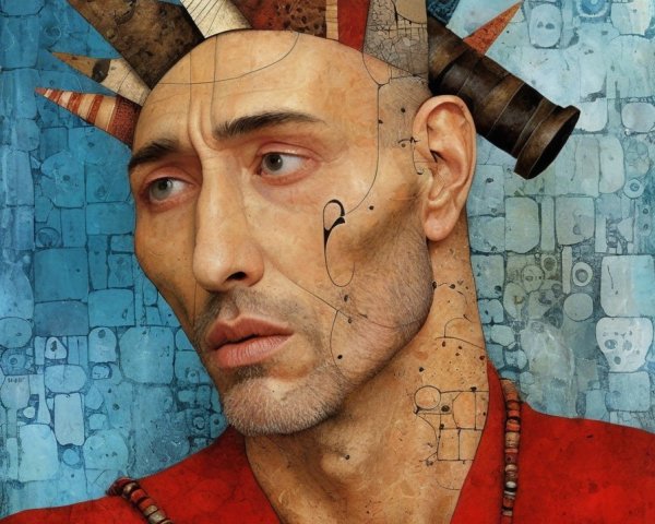 Solemn Male Figure with Spiked Crown and Blue Background