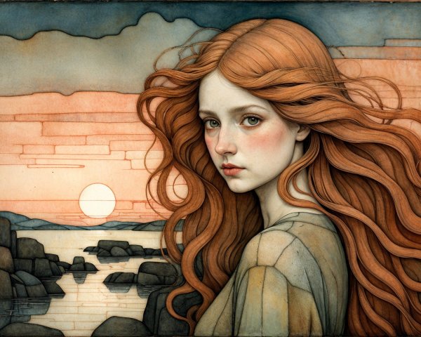 Young Woman with Red Hair in Serene Sunset Landscape