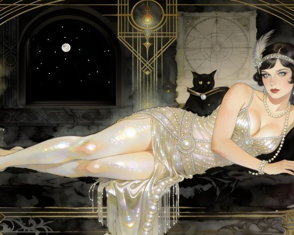 Woman in Pearl Dress on Couch with Black Cat