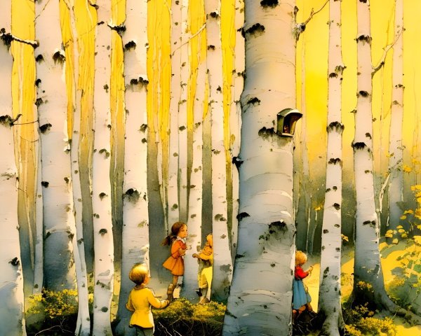 Children Playing in a Sunlit Birch Forest