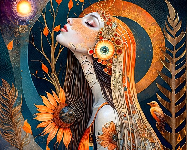 Woman with Flowing Hair and Sunflowers in Nature
